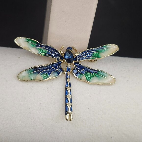 Vintage Betsey Johnson Dragonfly Pin Brooch Blue Stone Enamel Gold Tone NOS - Picture 2 of 4